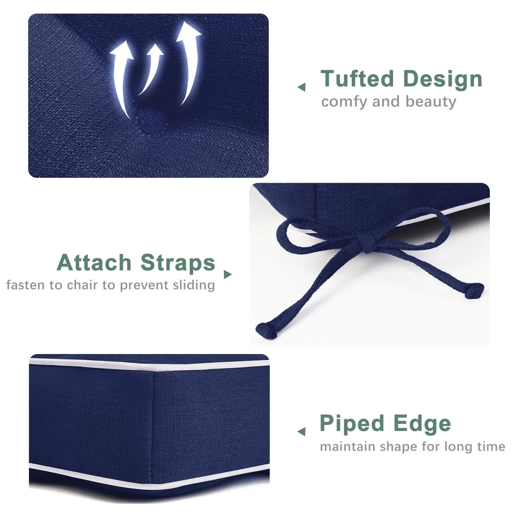 Favoyard blue cushions for outdoor chairs with tufted design, attach straps and piped edge