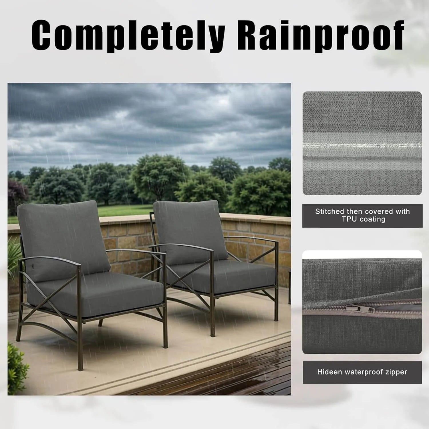 Two gray outdoor replacement cushions rainproof feature details