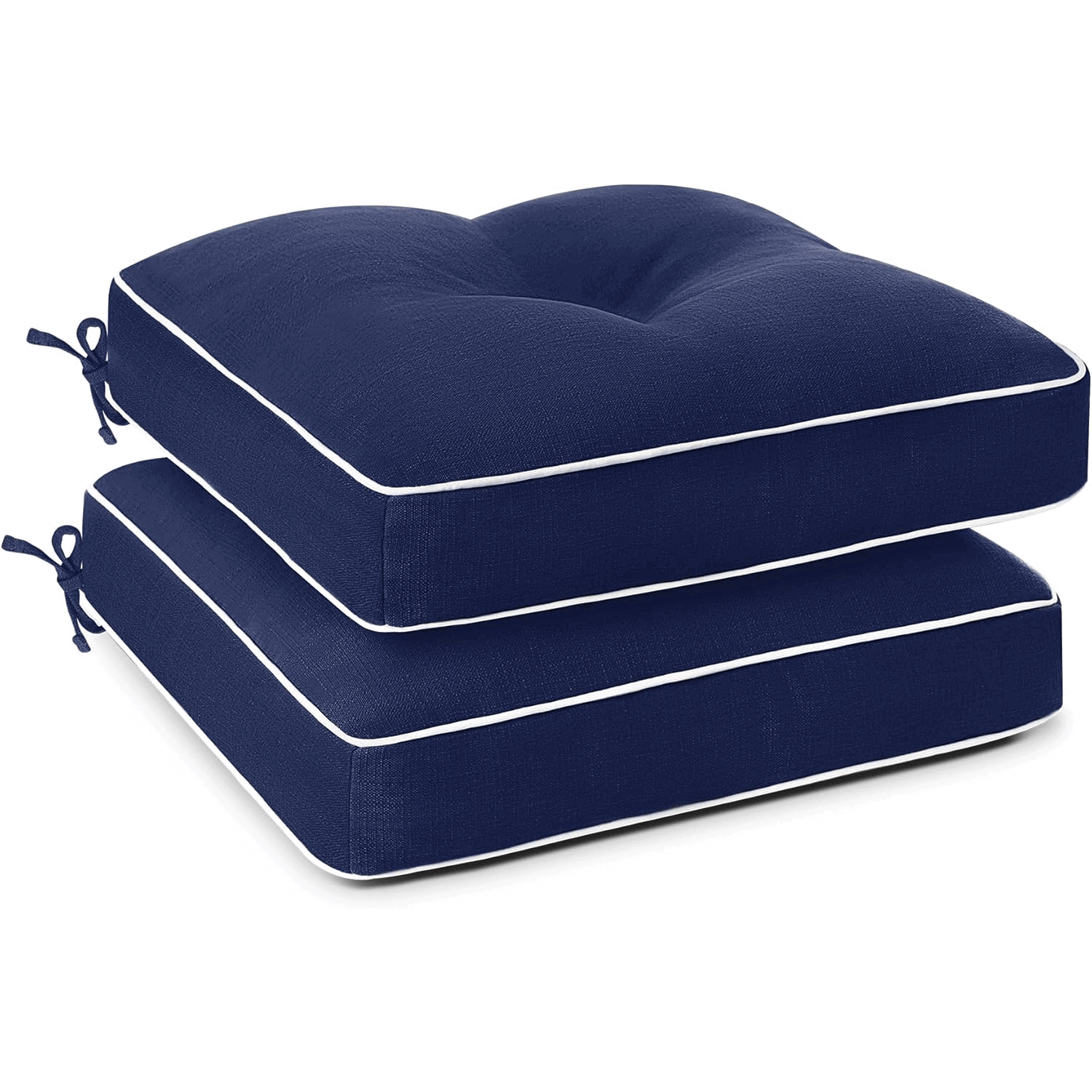 Two navy blue cushion sets with white piping