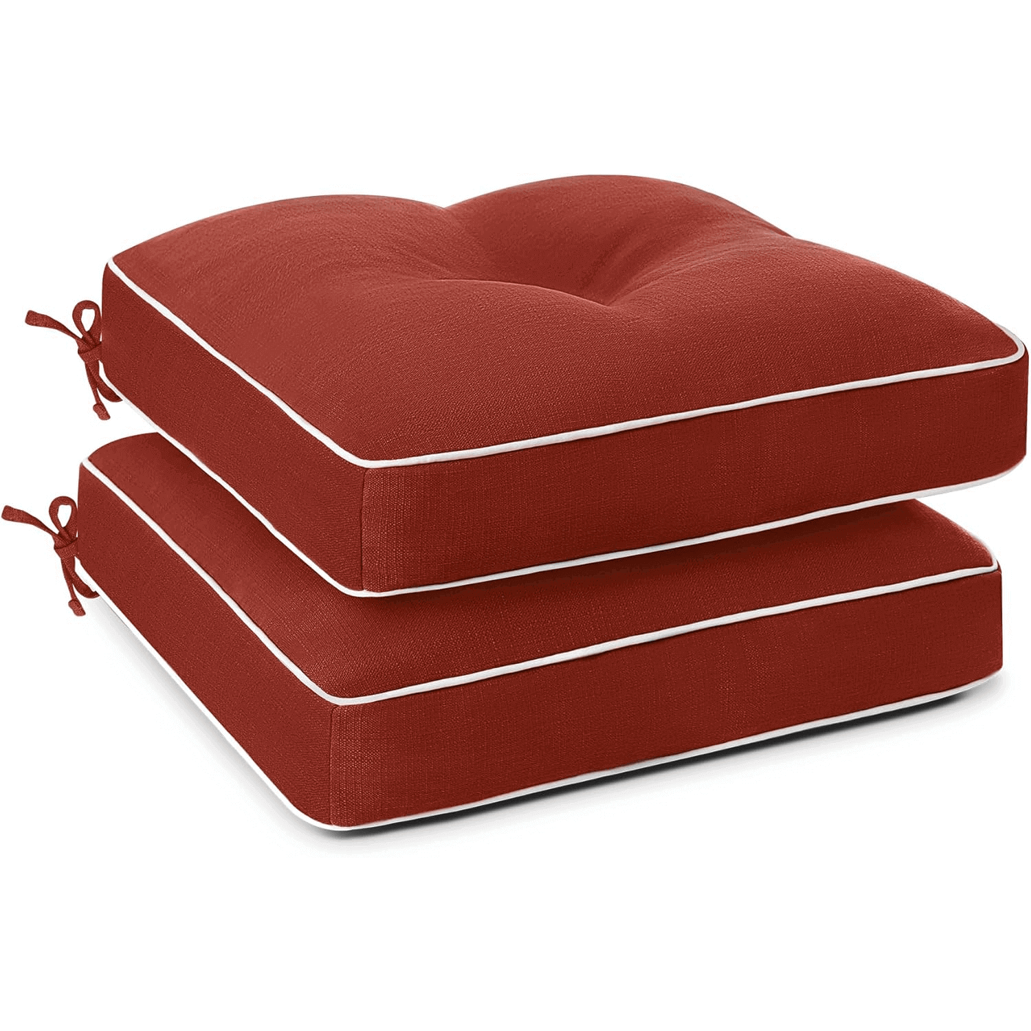 Two red cushioned ottomans with ties of Favoyard