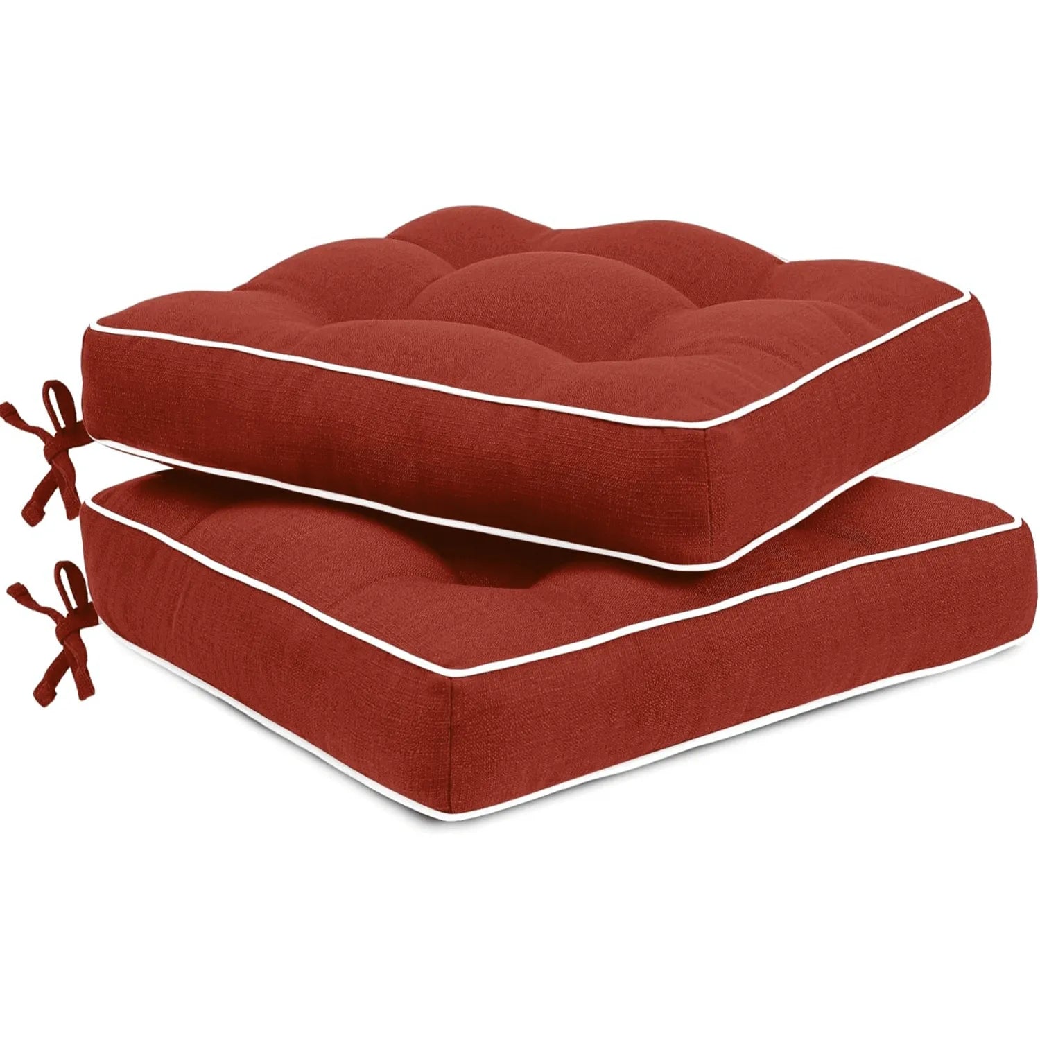 Two red cushioned seat pads with white trim