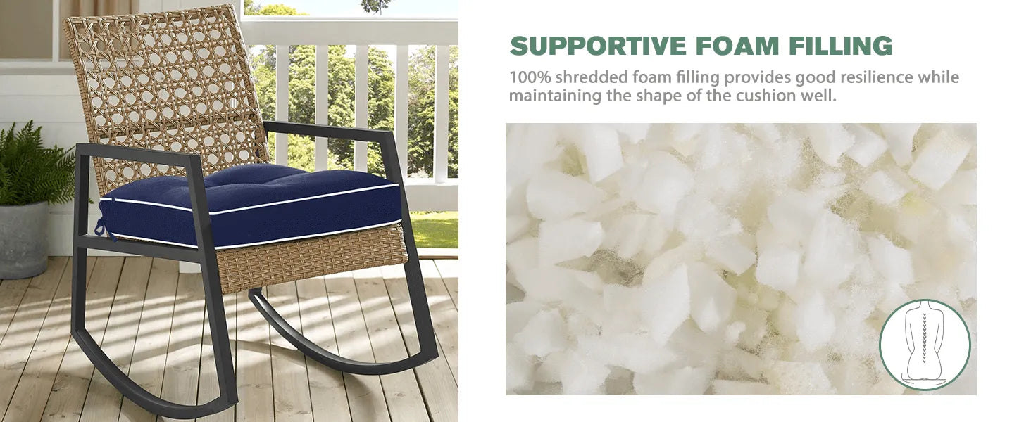 Rocking chair with blue cushion and supportive foam filling