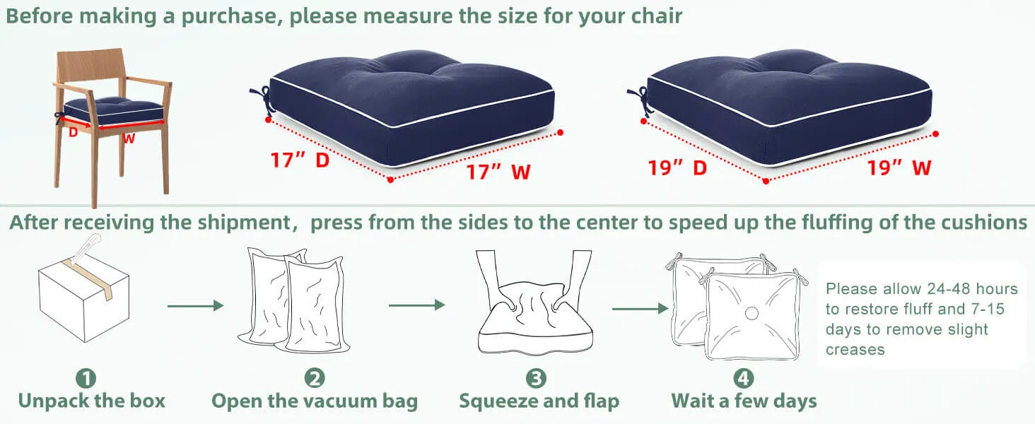 Instructions for measuring chair size and fluffing cushions with measurements and steps shown.