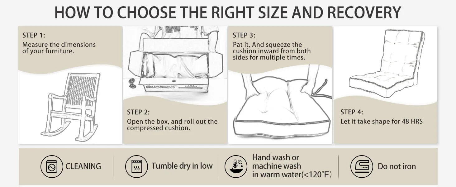 Instructions on how to choose the right size and recovery of a cushion, including steps and care instructions.