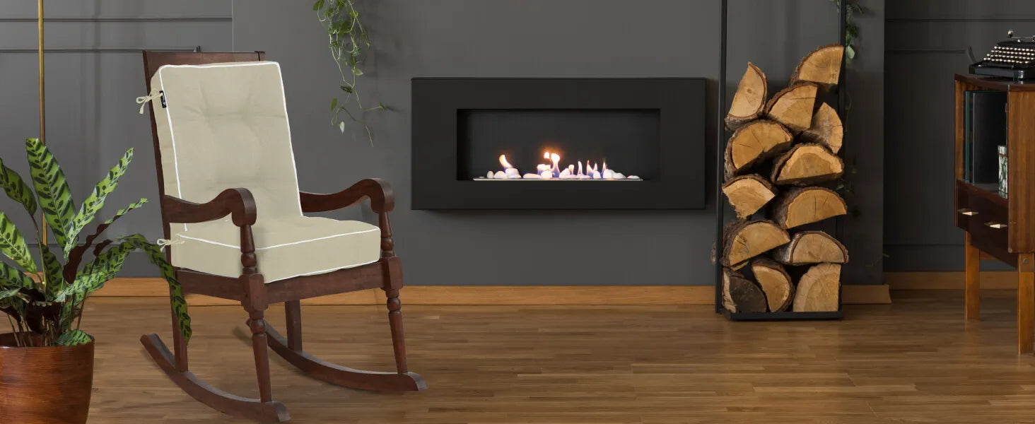 Living room with a fireplace and rocking chair with chair cushion