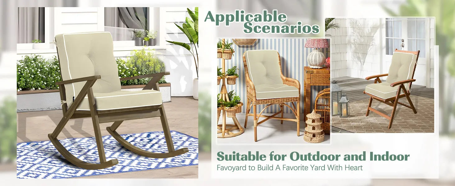Rocking chair beige cushion shown in various settings, suitable for outdoor and indoor use.