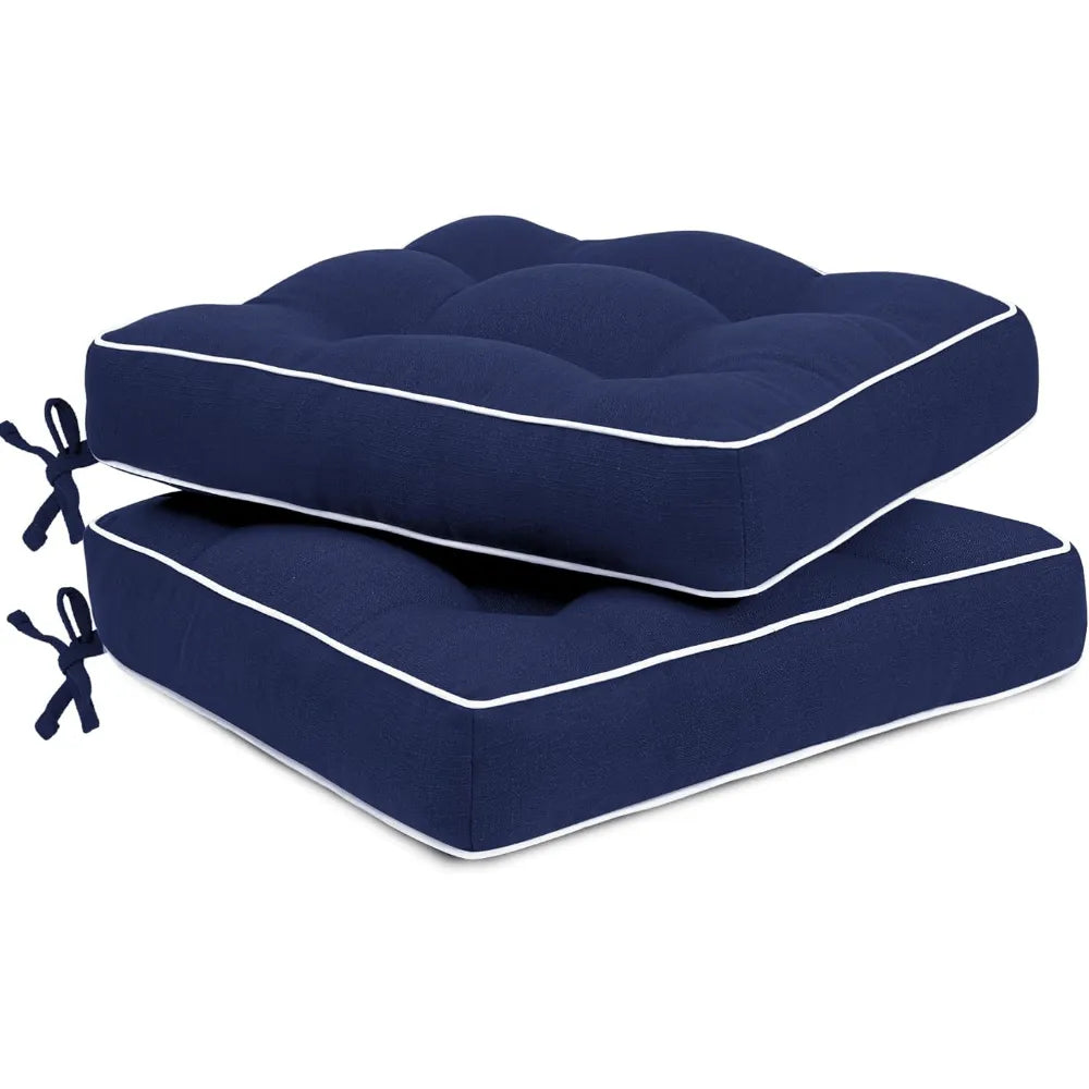 Two navy blue cushion sets with white piping of Favoyard dining chair cushions outdoor