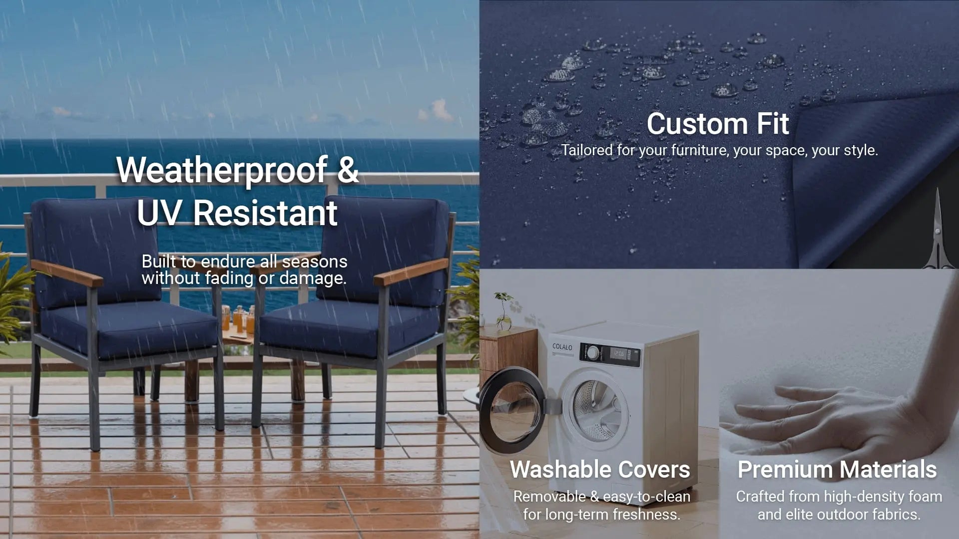 Favoyard custom cushions with weatherproof, UV resistant, custom fit, washable covers, and premium materials.