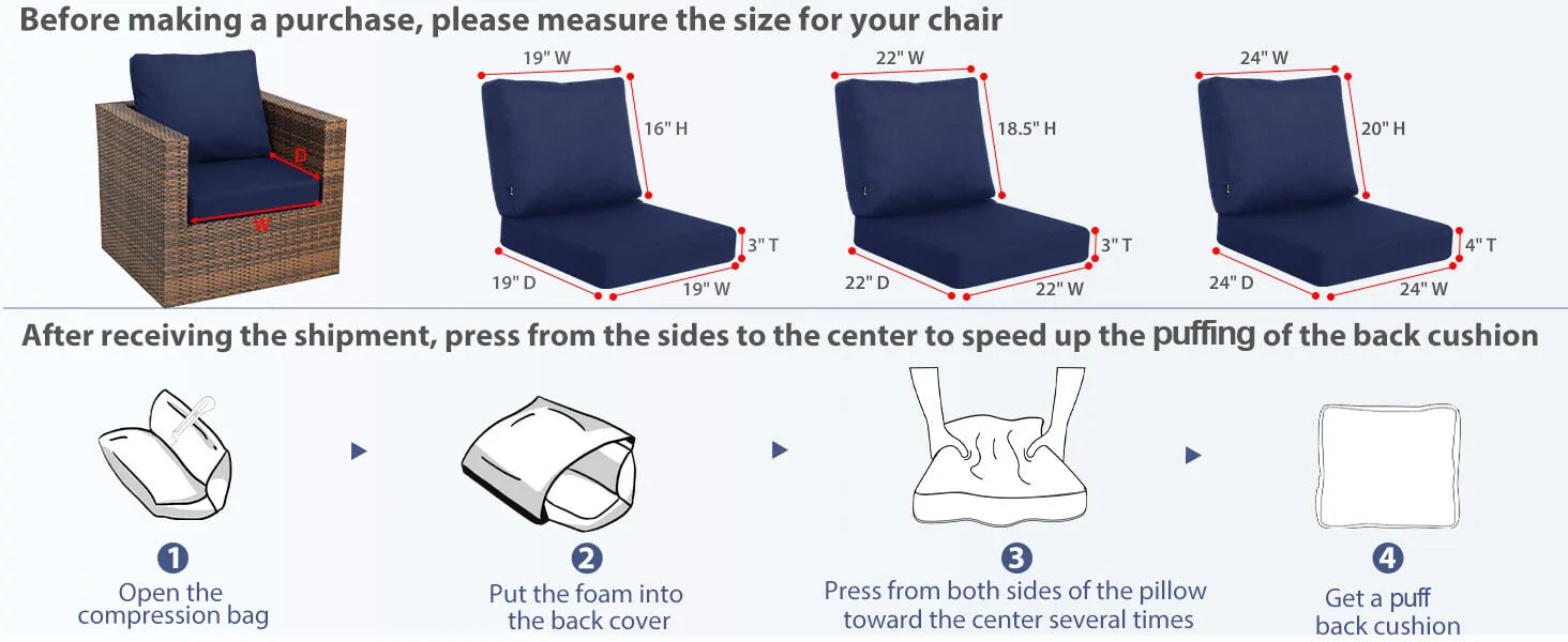 Instructions for inflating outdoor chair cushions with measurements and steps shown.