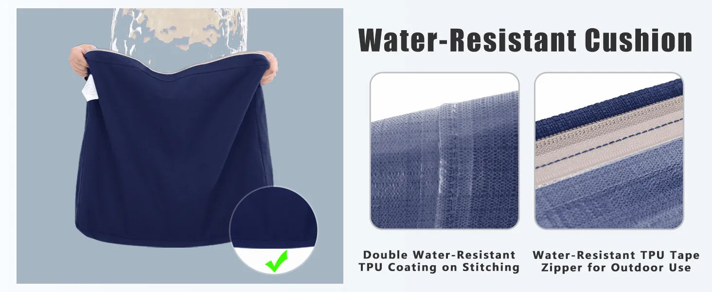 Water-resistant cushion with double water-resistant TPU coating, water-resistant TPU tape, and zipper for outdoor use.
