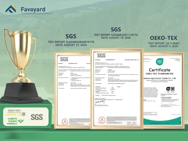 Gold trophy with SGS and OEKO-TEX certificates of Favoyard outdoor cushion