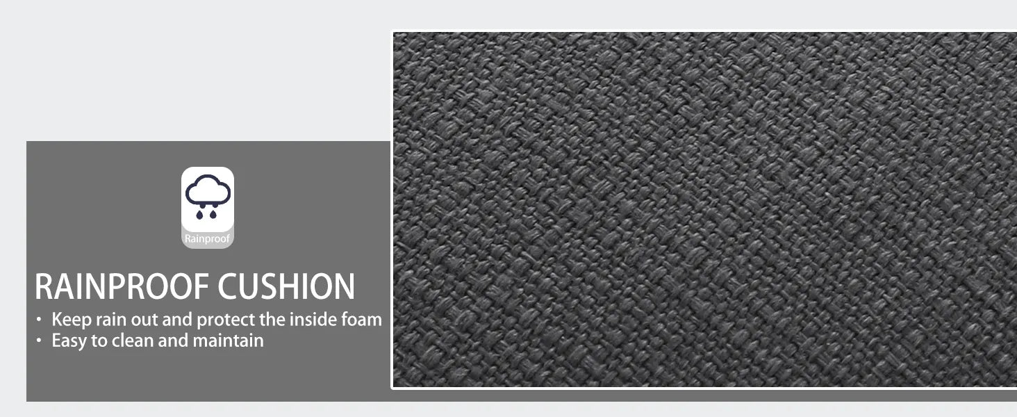 fabric swatch of a rainproof cushion with features listed of Favoyard