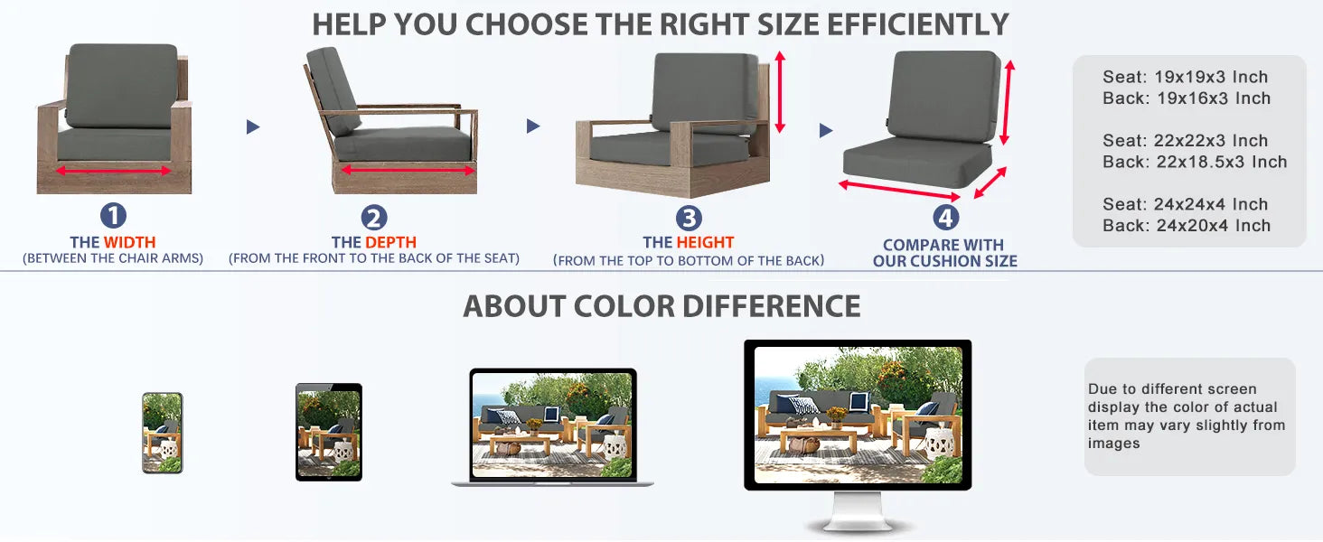 Instructions for choosing the right size of outdoor furniture cushions with measurements and color difference notes.