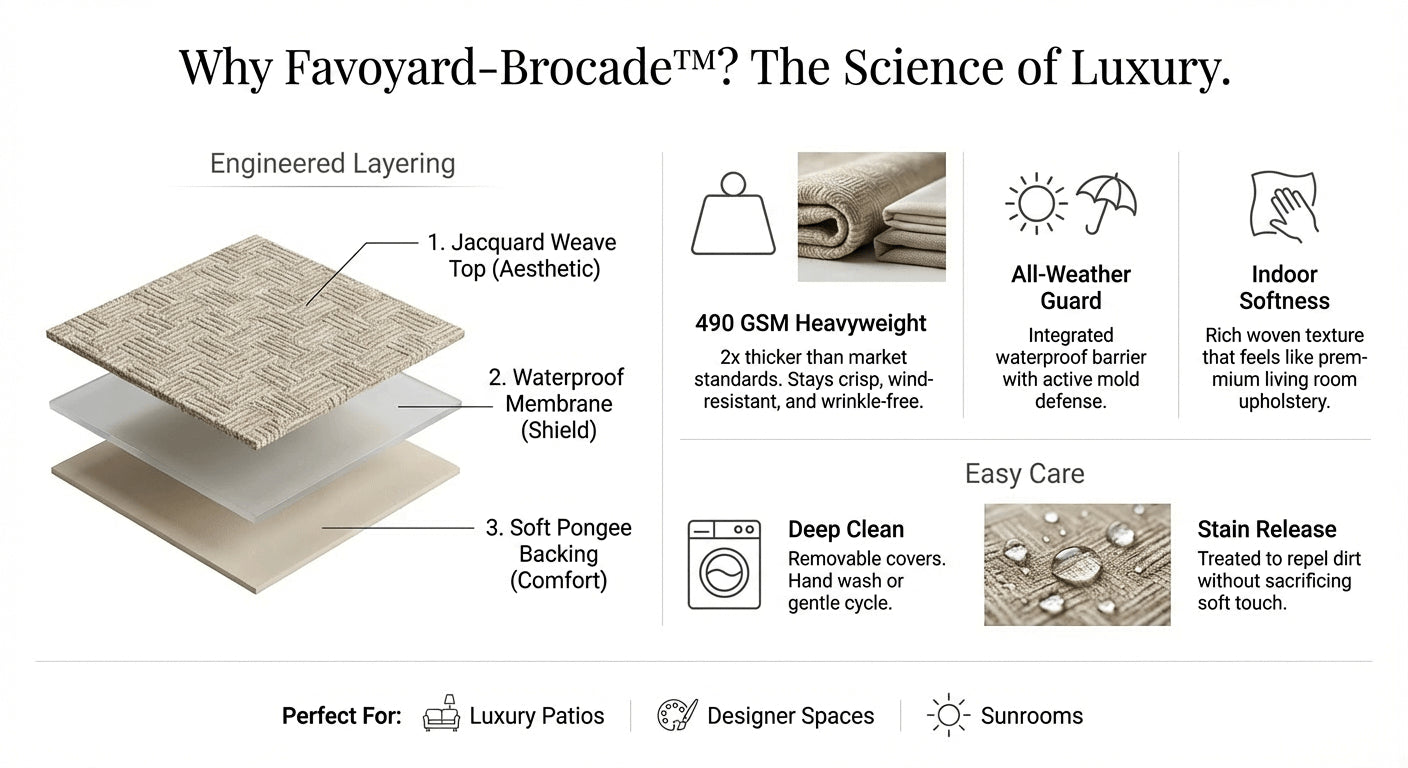 Favoyard-Brocade flooring with features and benefits listed.