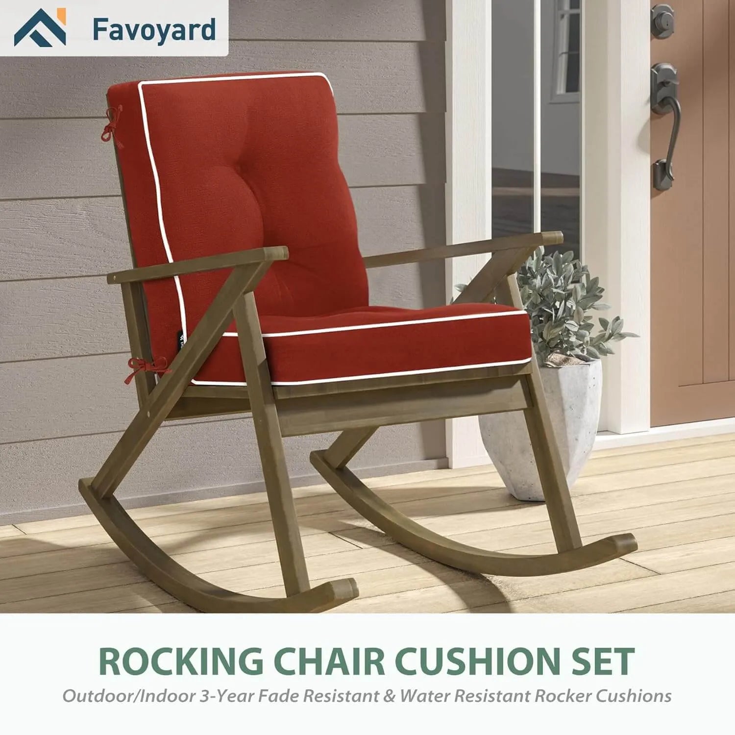 Wooden rocking chair with red outdoor cushion replacement, featuring Favoyard branding.