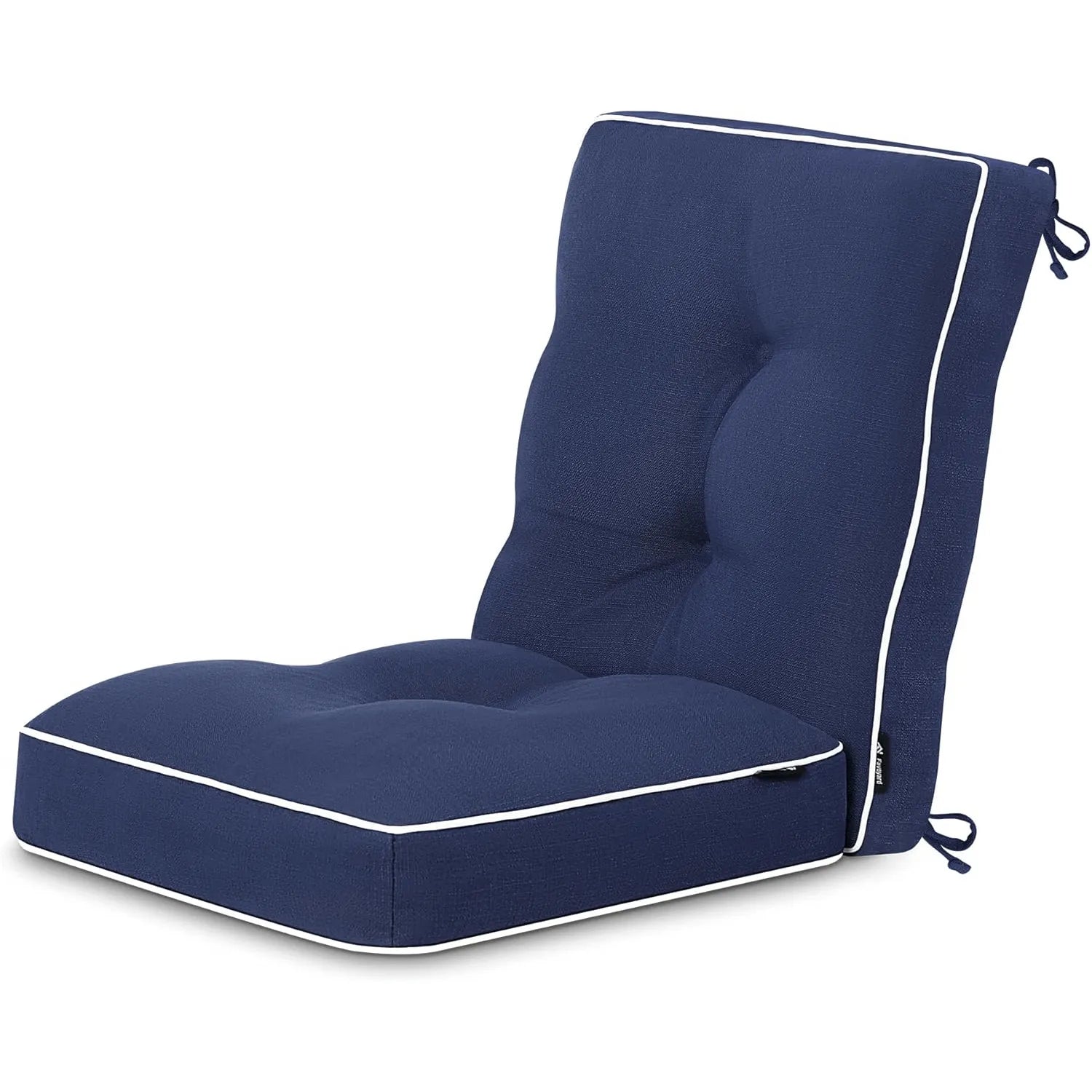 Navy blue outdoor chair cushion with white piping