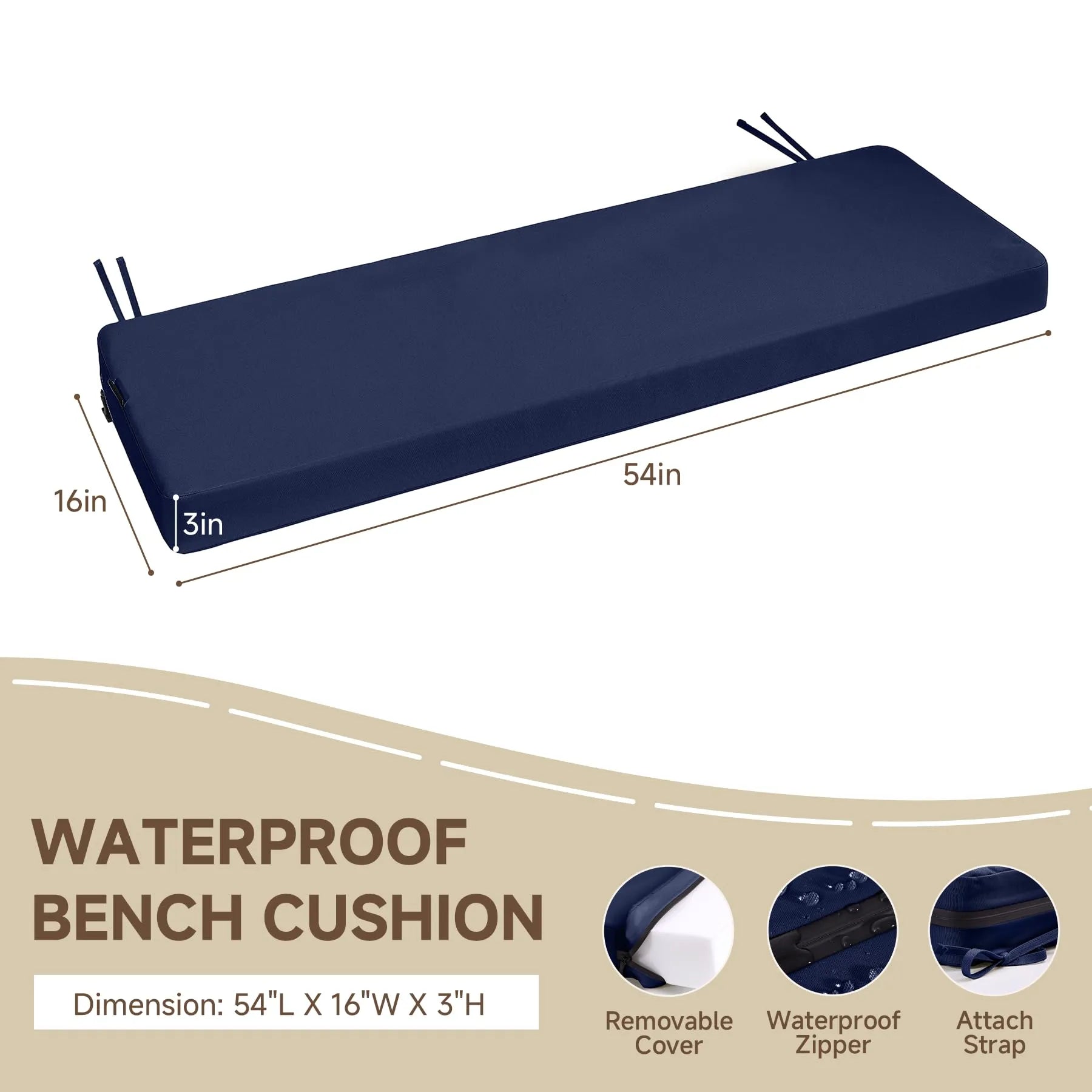 Favoyard Waterproof Outdoor Bench Cushion with Non-Slip Straps