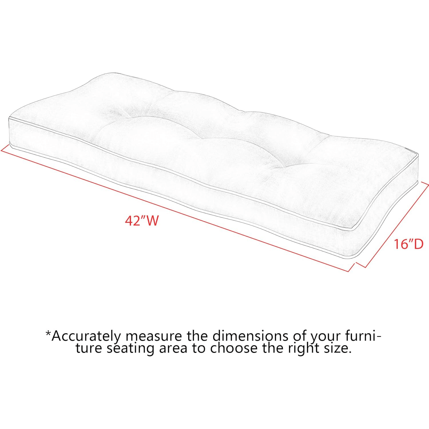 Measurement chart of a rectangular cushion with dimensions 42"W x 16"D