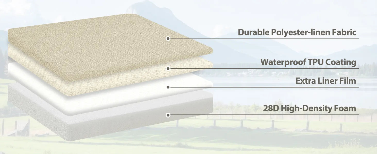 Favoyard patio seat cushions: Durable Polyester-Linen Fabric, Waterproof TPU Coating, Extra Liner Film, 28D High-Density Foam.
