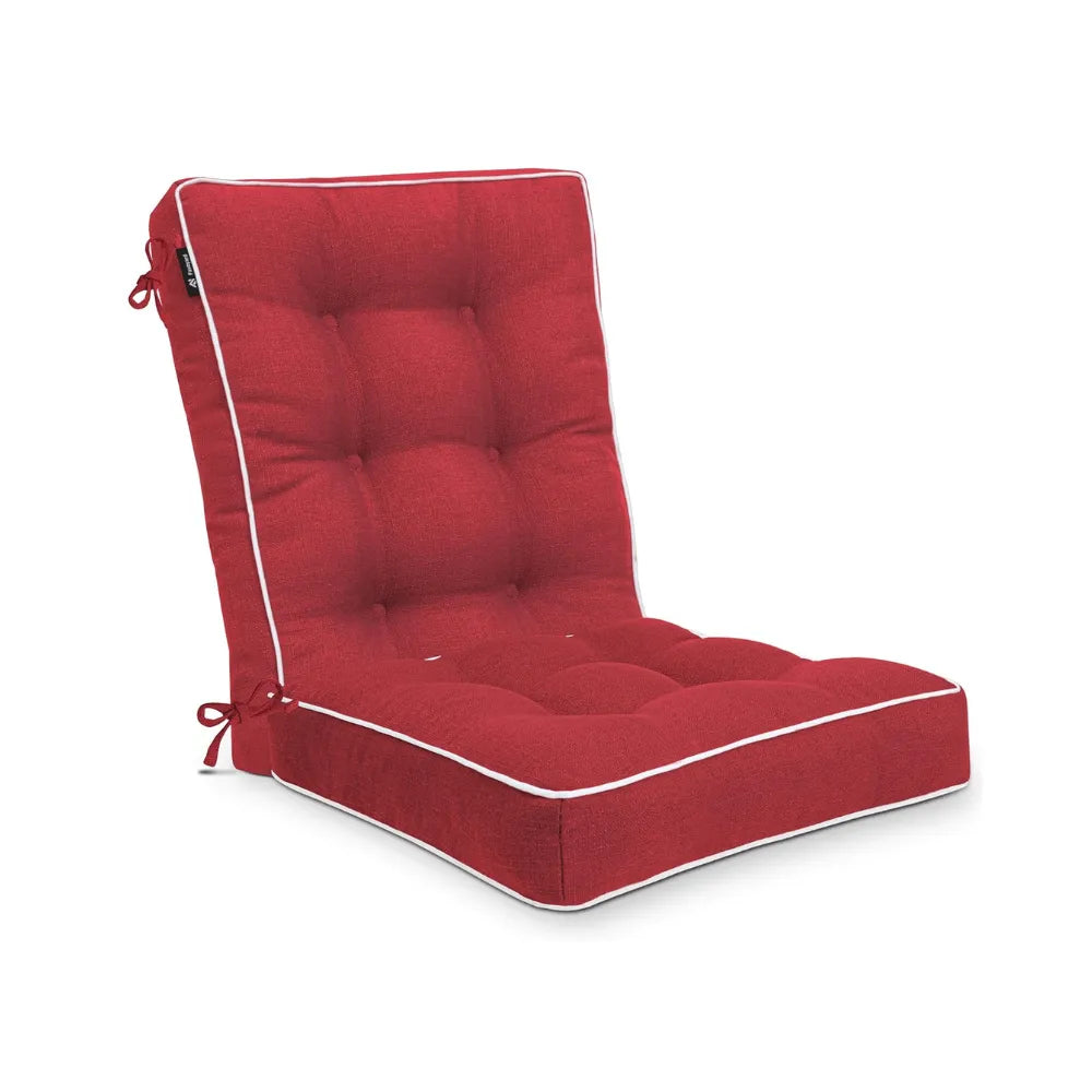 Red cushioned chair with white trim of Favoyard