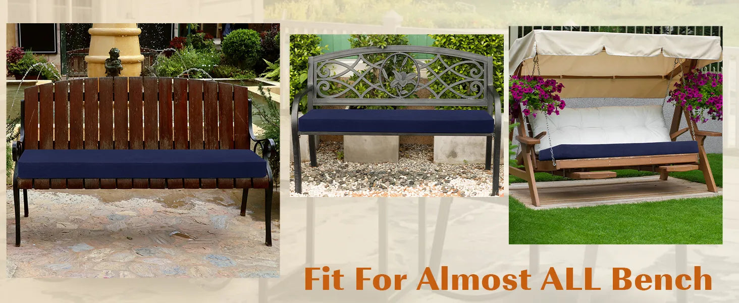 Favoyard waterproof fade-resistant outdoor bench cushions on three garden benches in different patio settings
