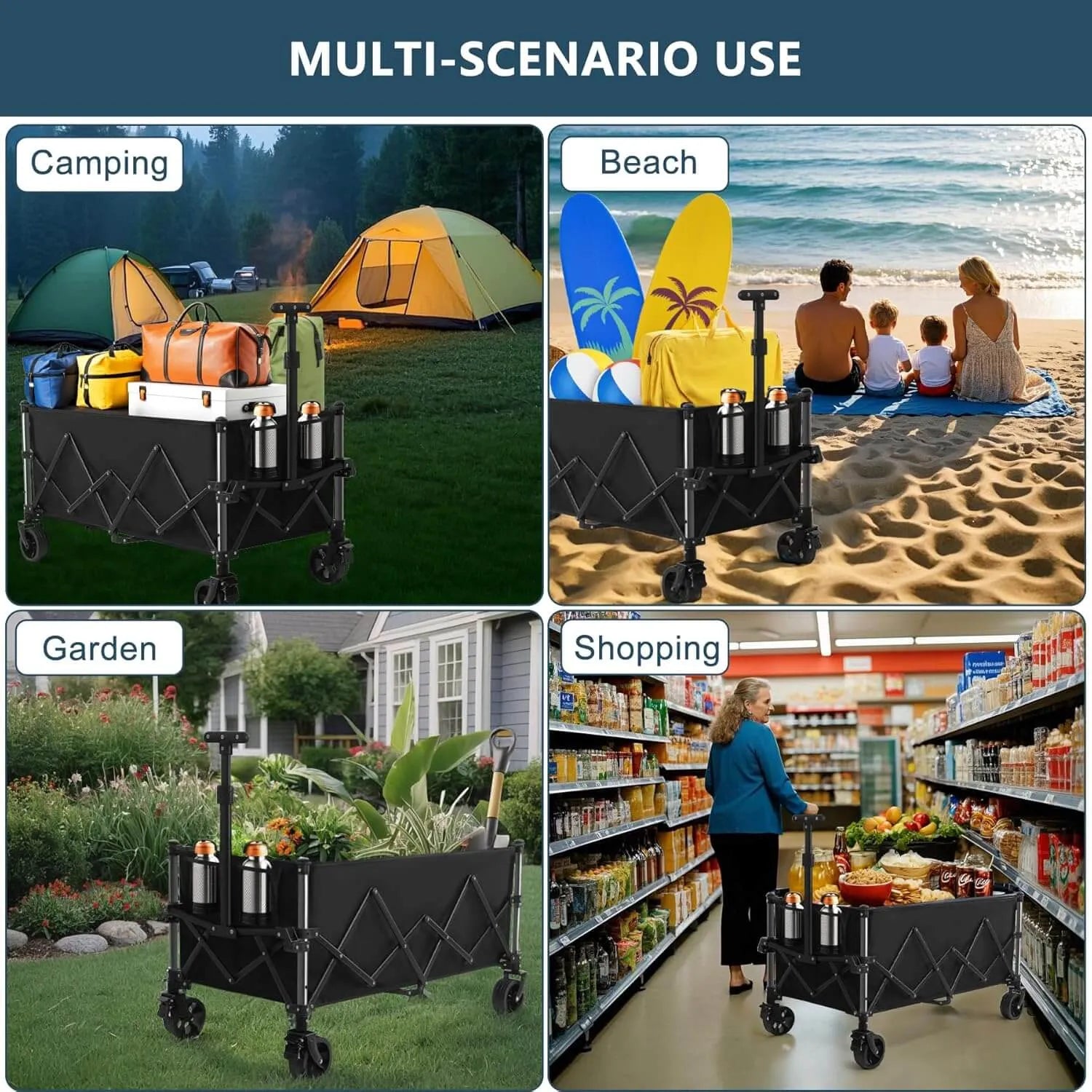 Multifunctional cart used for camping, beach, garden, and shopping scenarios.
