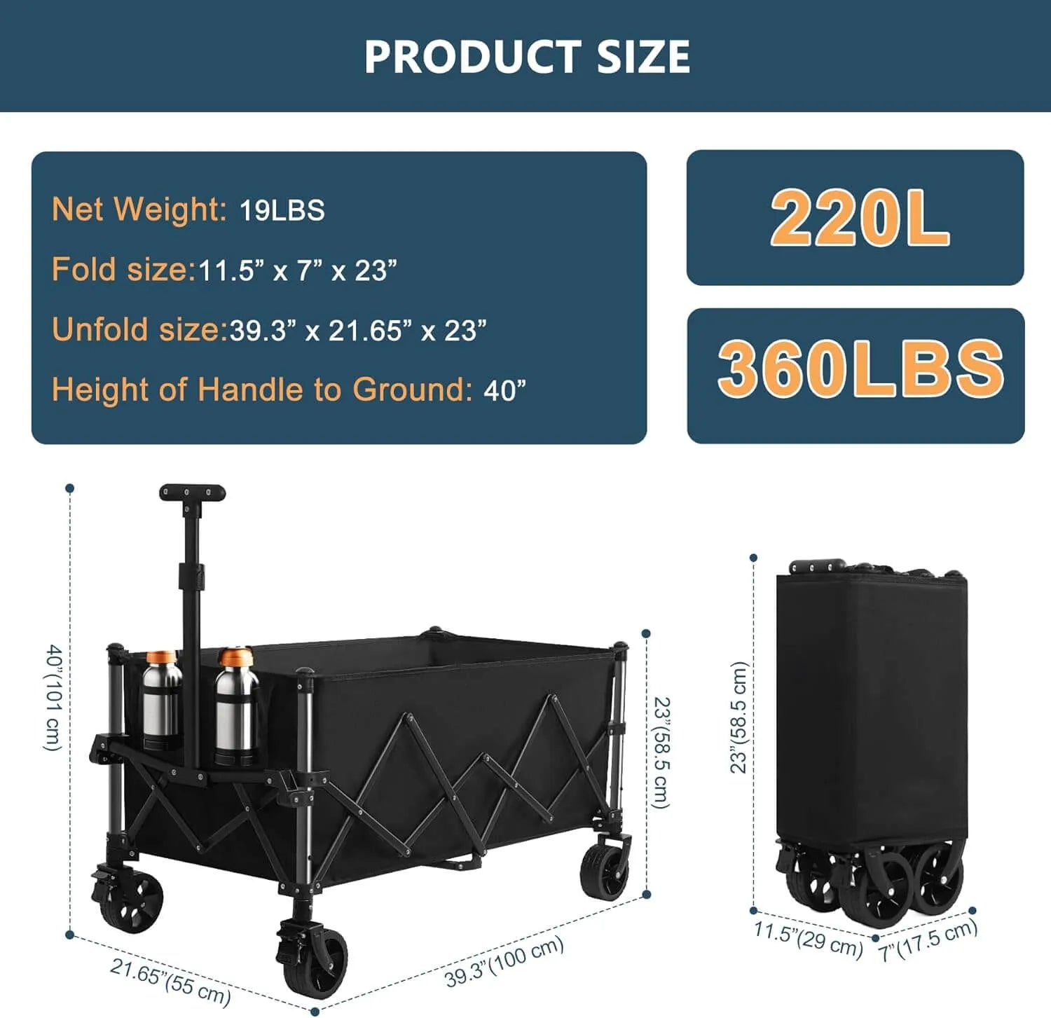 Product size chart with dimensions and weight details of a black folding cart.