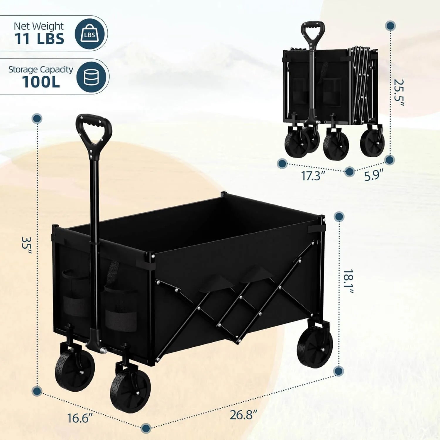 Black folding wagon with measurements and specifications