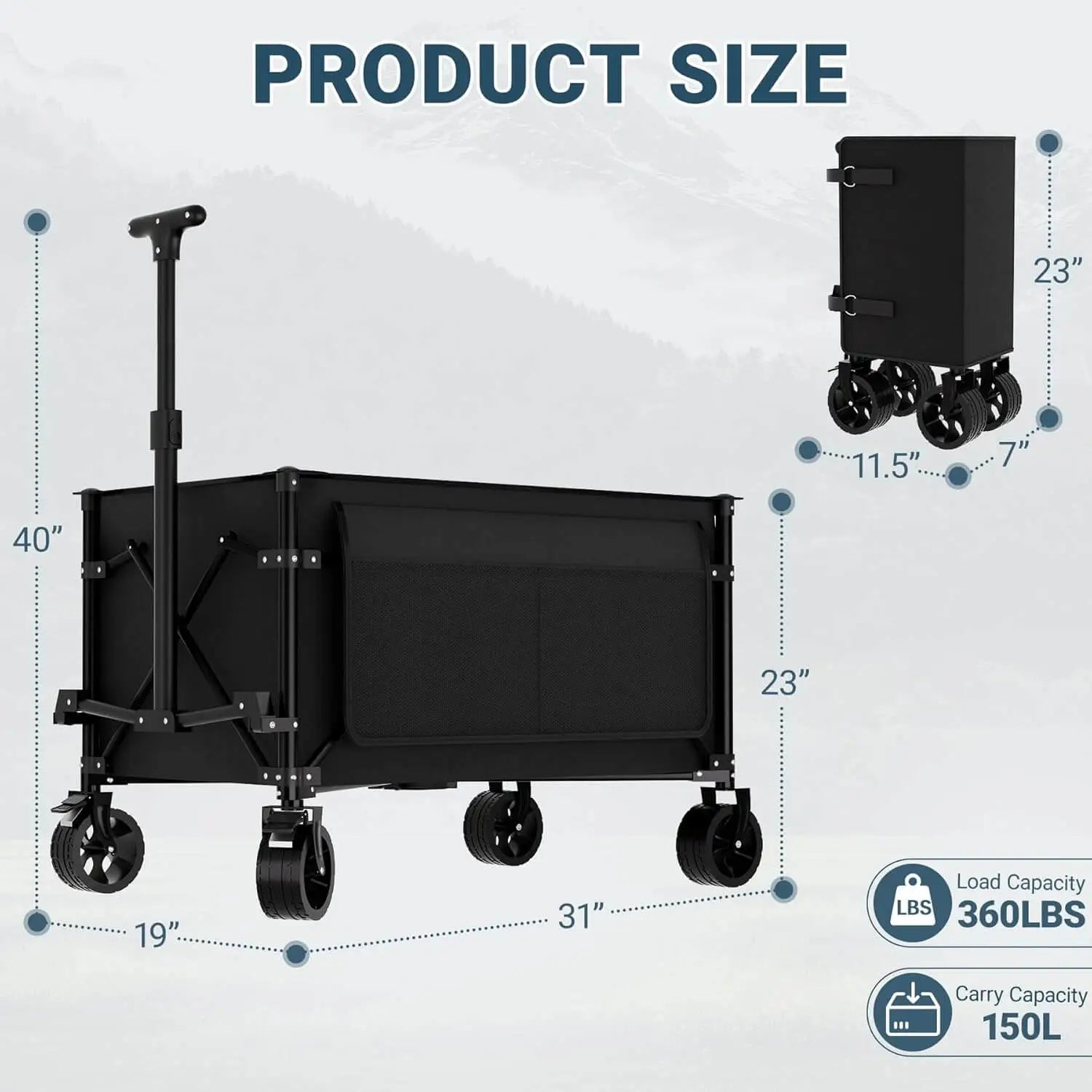 Black cart with dimensions and load capacity details