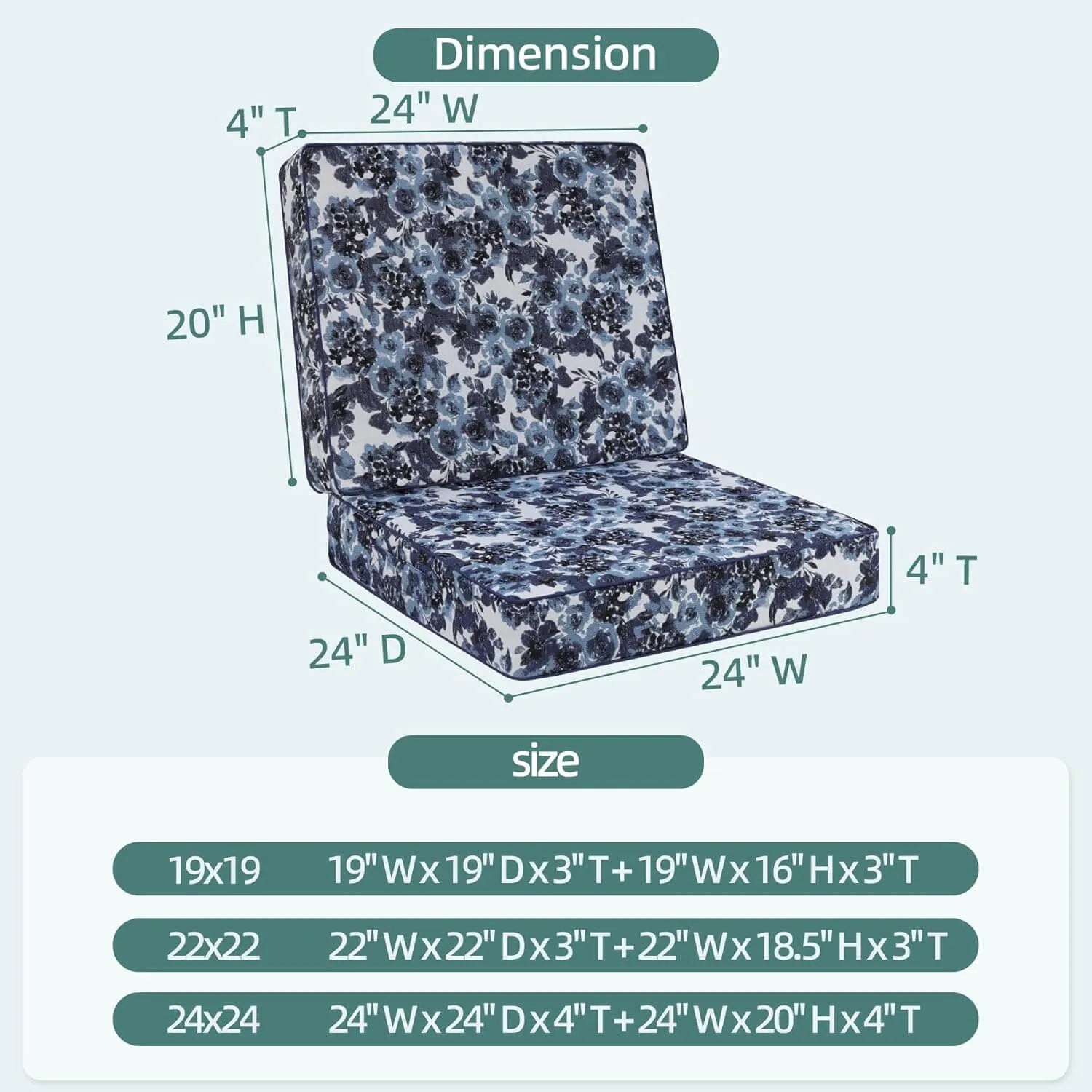 Blue floral deep seat outdoor cushion waterproof with dimensions