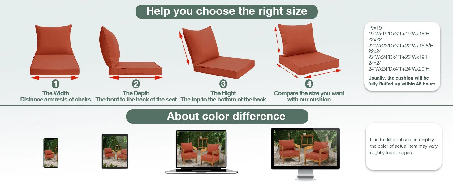 Product selection guide for outdoor furniture cushions with size and color