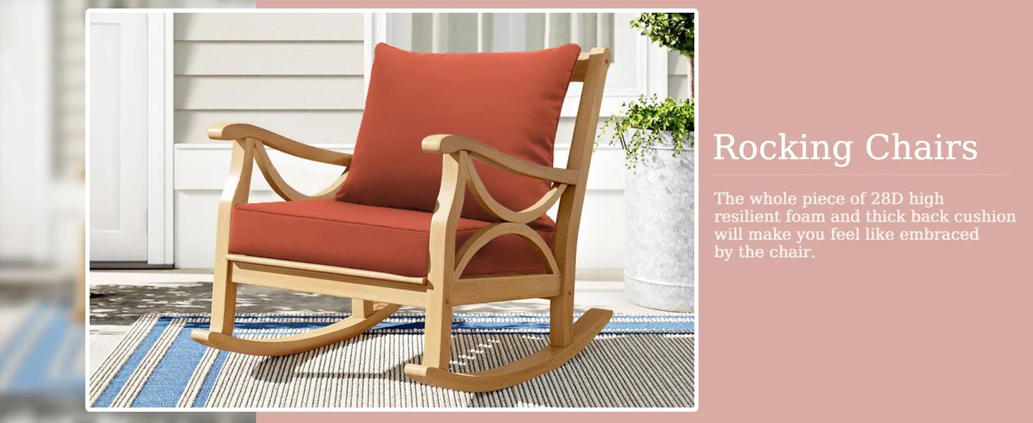 Wooden rocking chair with red Favoyard outdoor lounge chair seat cushions
