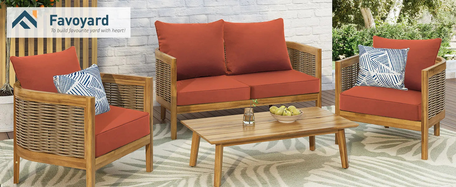 Outdoor furniture set with Favoyard red outdoor lounge chair seat cushions
