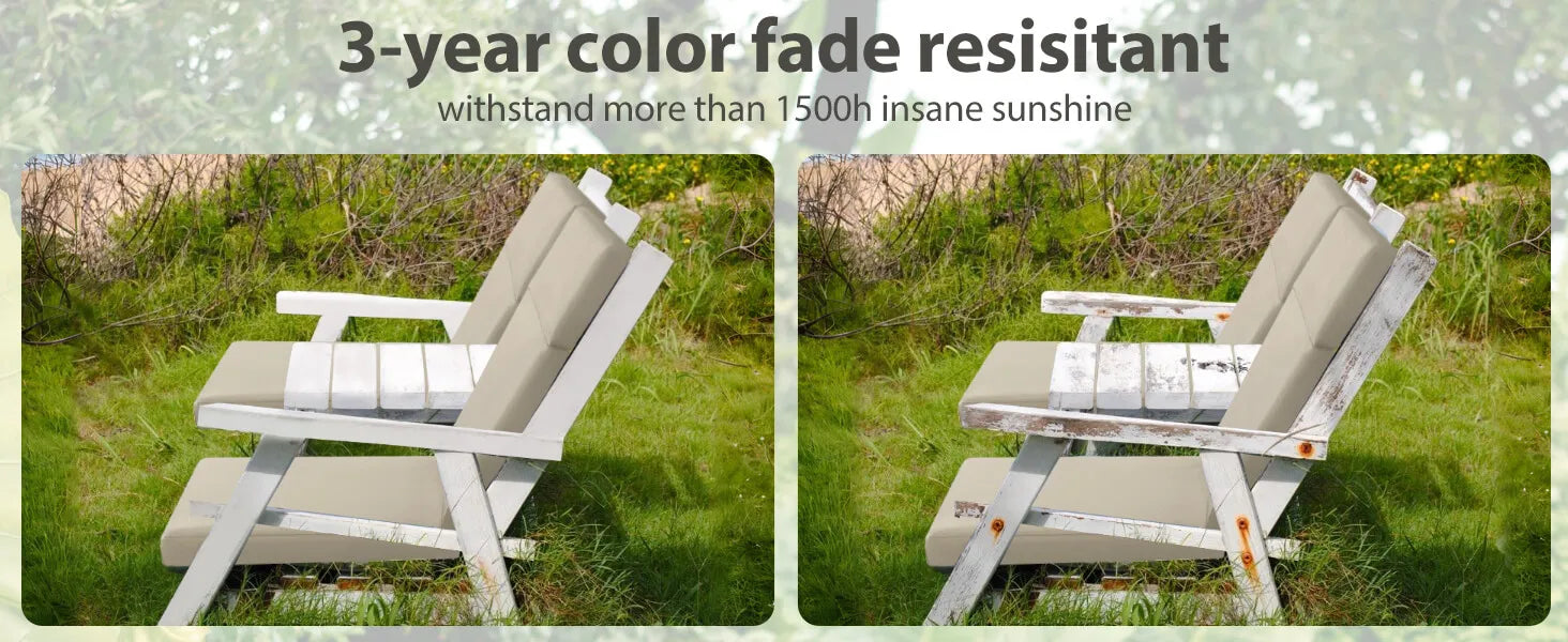 Two outdoor chairs with Favoyard beige cushions
