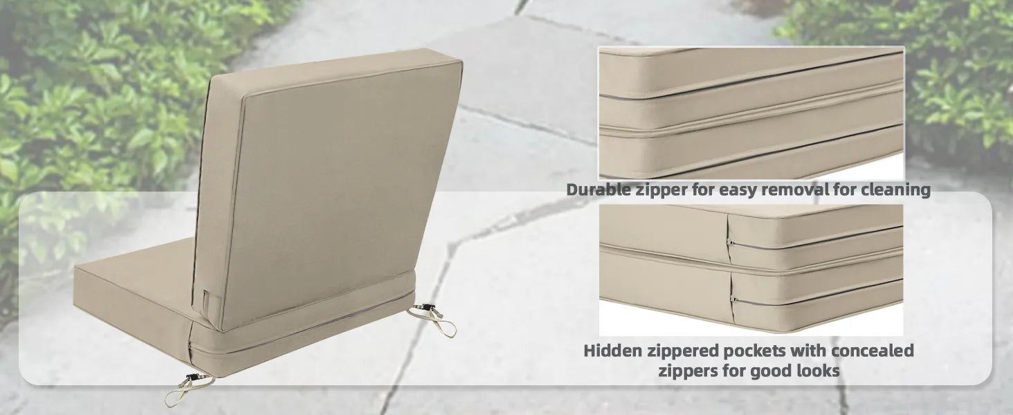 Favoyard Beige outdoor cushion with durable zipper for cleaning and hidden zipped pockets.