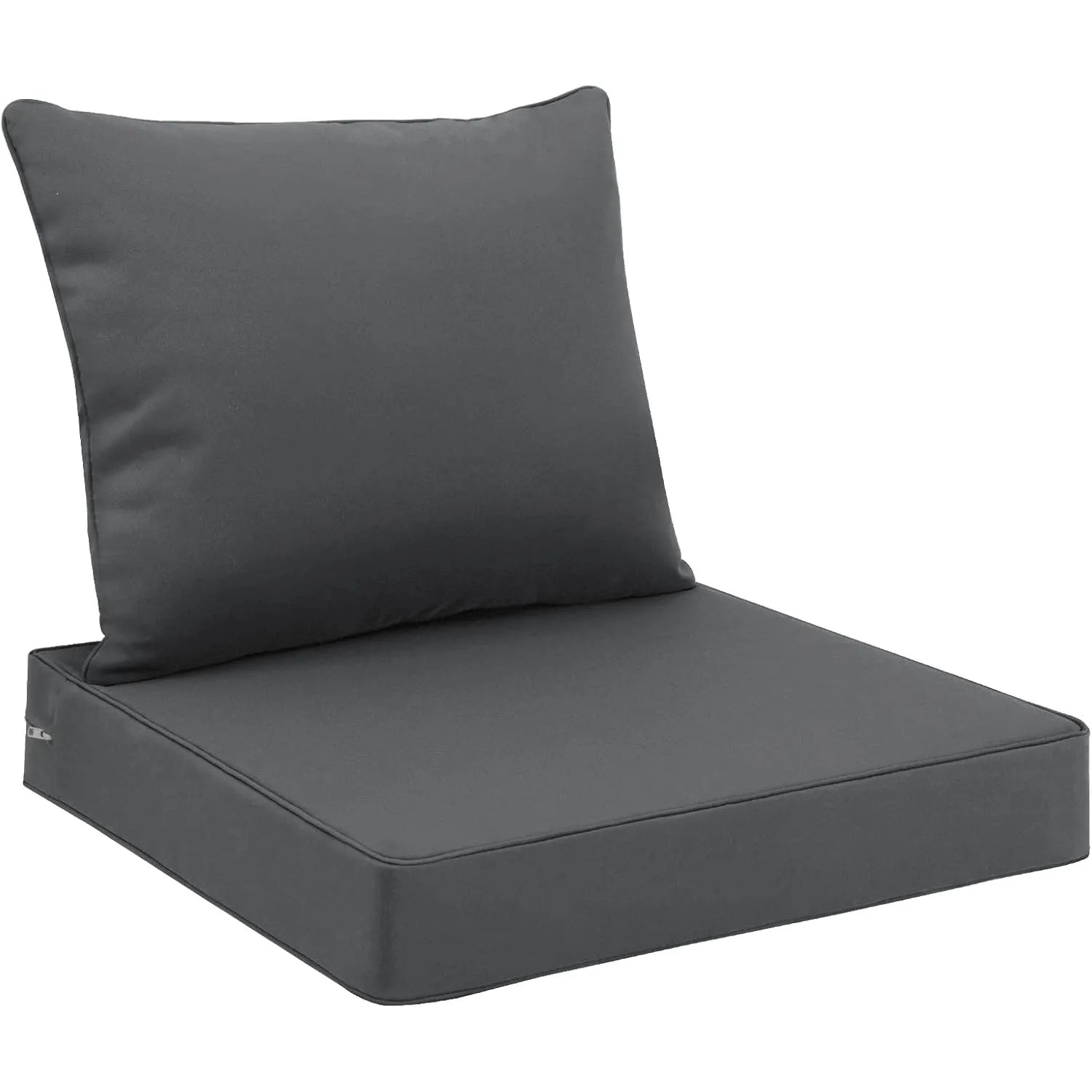 Gray outdoor deep seat cushion with a pillow