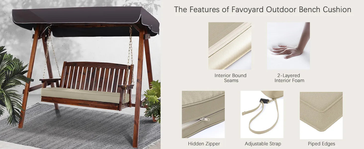 Outdoor swing bench with canopy and Favoyard outdoor bench cushion features.