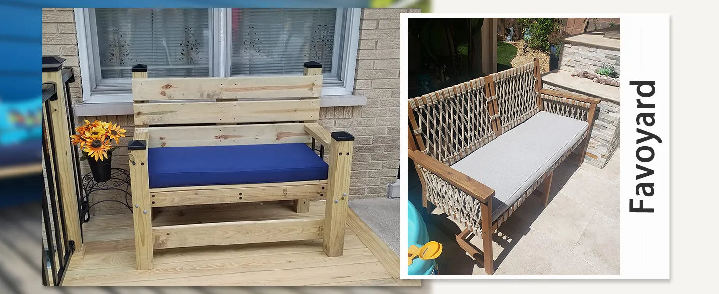 Wooden bench with blue and beige outdoor cushion of Favoyard