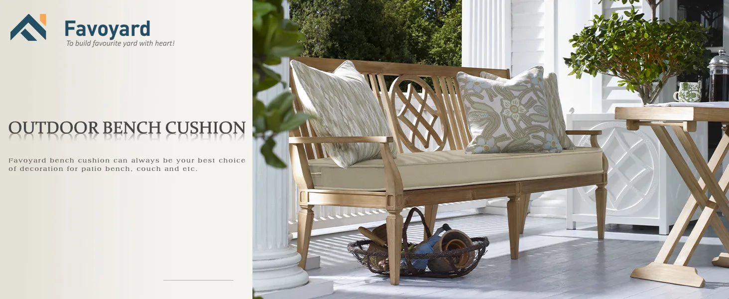 Outdoor bench with cushions on a patio-Favoyard