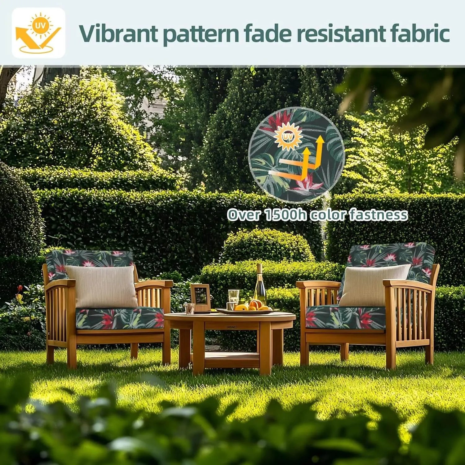 Garden furniture set with floral-patterned cushions
