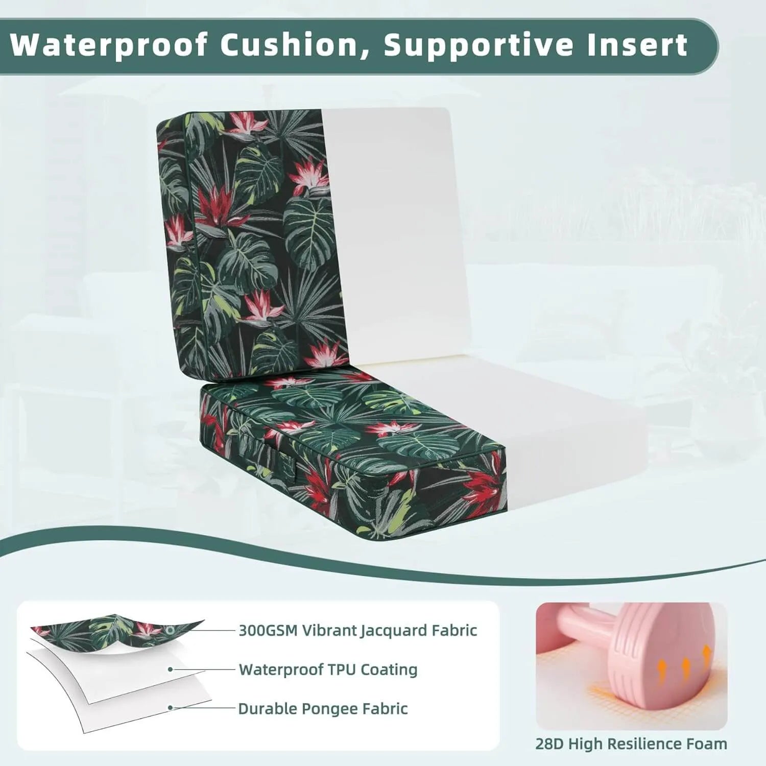 Floral-patterned deep seat cushions with supportive insert