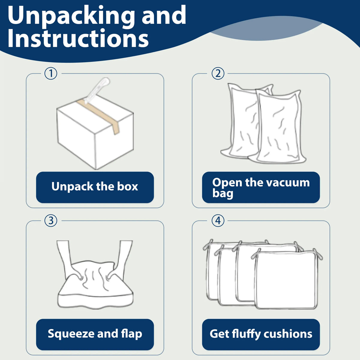 Step-by-step instructions for unpacking and using vacuum bags of Favoyard outdoor seat cushion