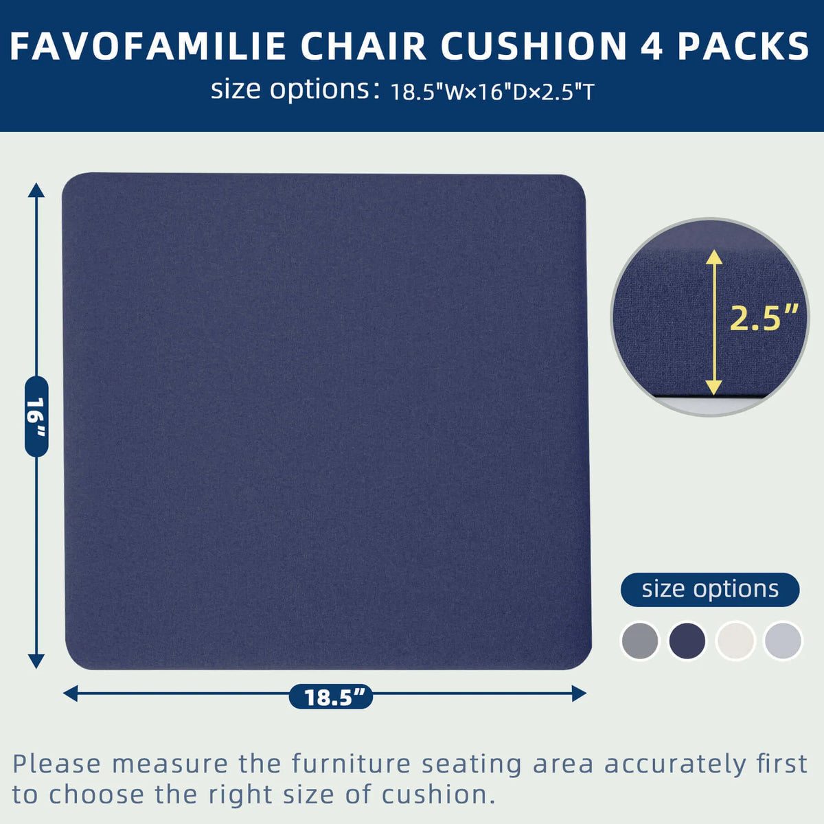 Favoyard Navy blue chair cushion with measurements and size options