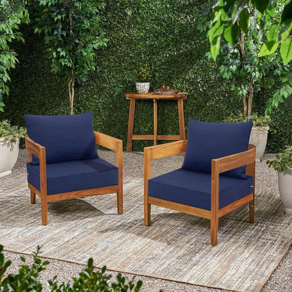 Two outdoor chair cushions with blue covers-Favoyard