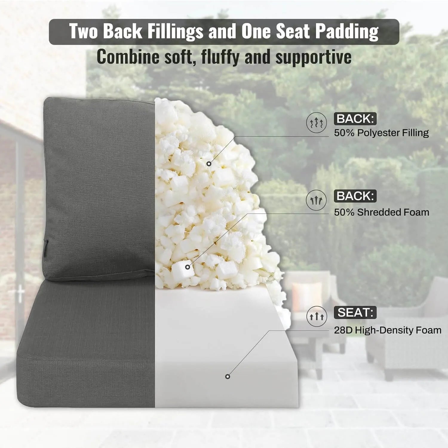 Gray outdoor cushion with detailing back and seat padding composition