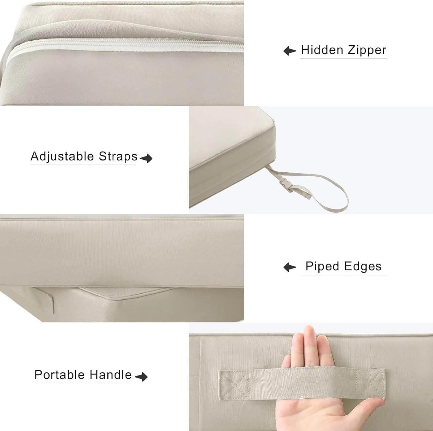 Favoyard outdoor seat cushions with feature of hidden zipper, adjustable straps, piped edges and portable handle