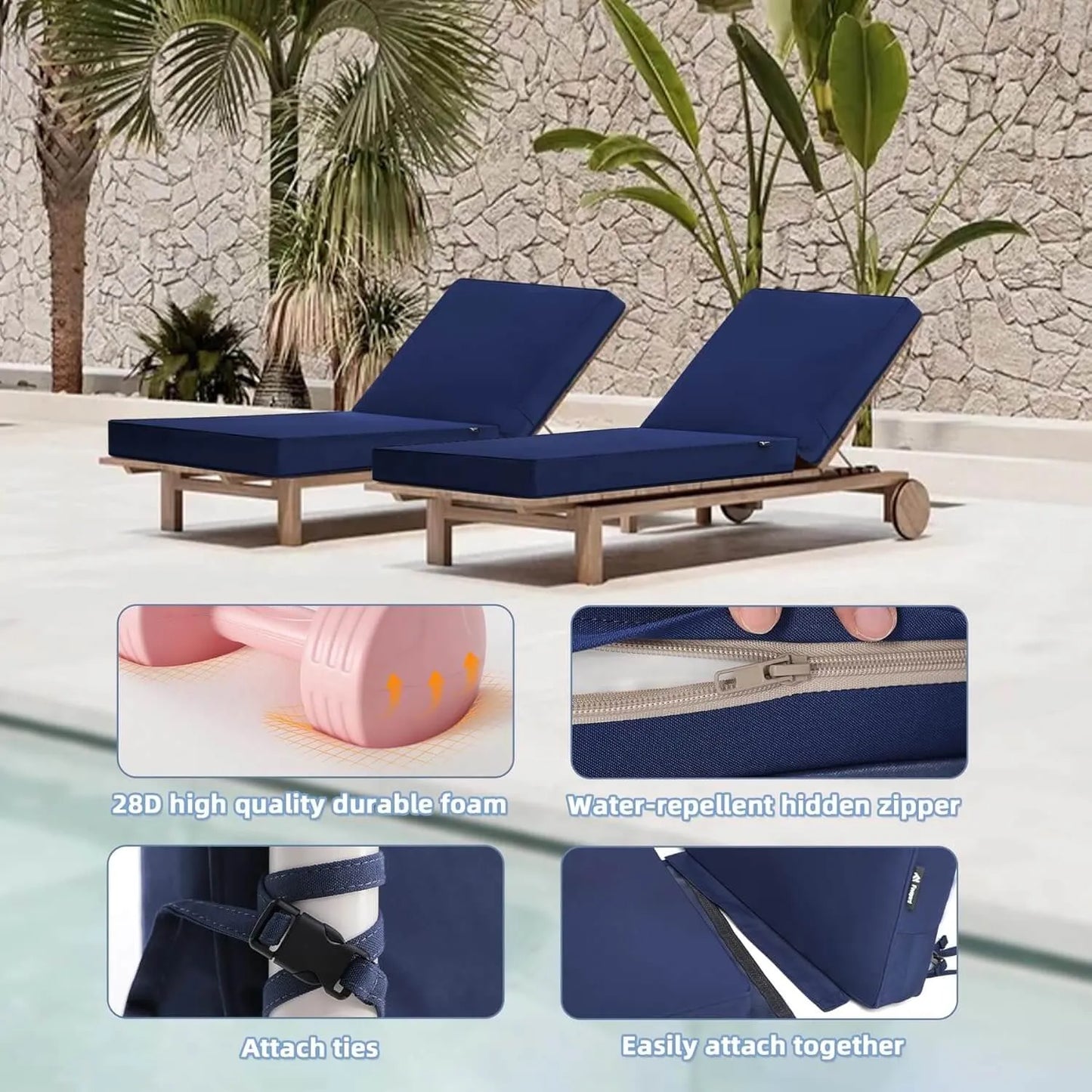Favoyard lounge chair cushions with the features of 28D high quality durable foam, water-repellent hidden zipper, attach ties and easily attach together