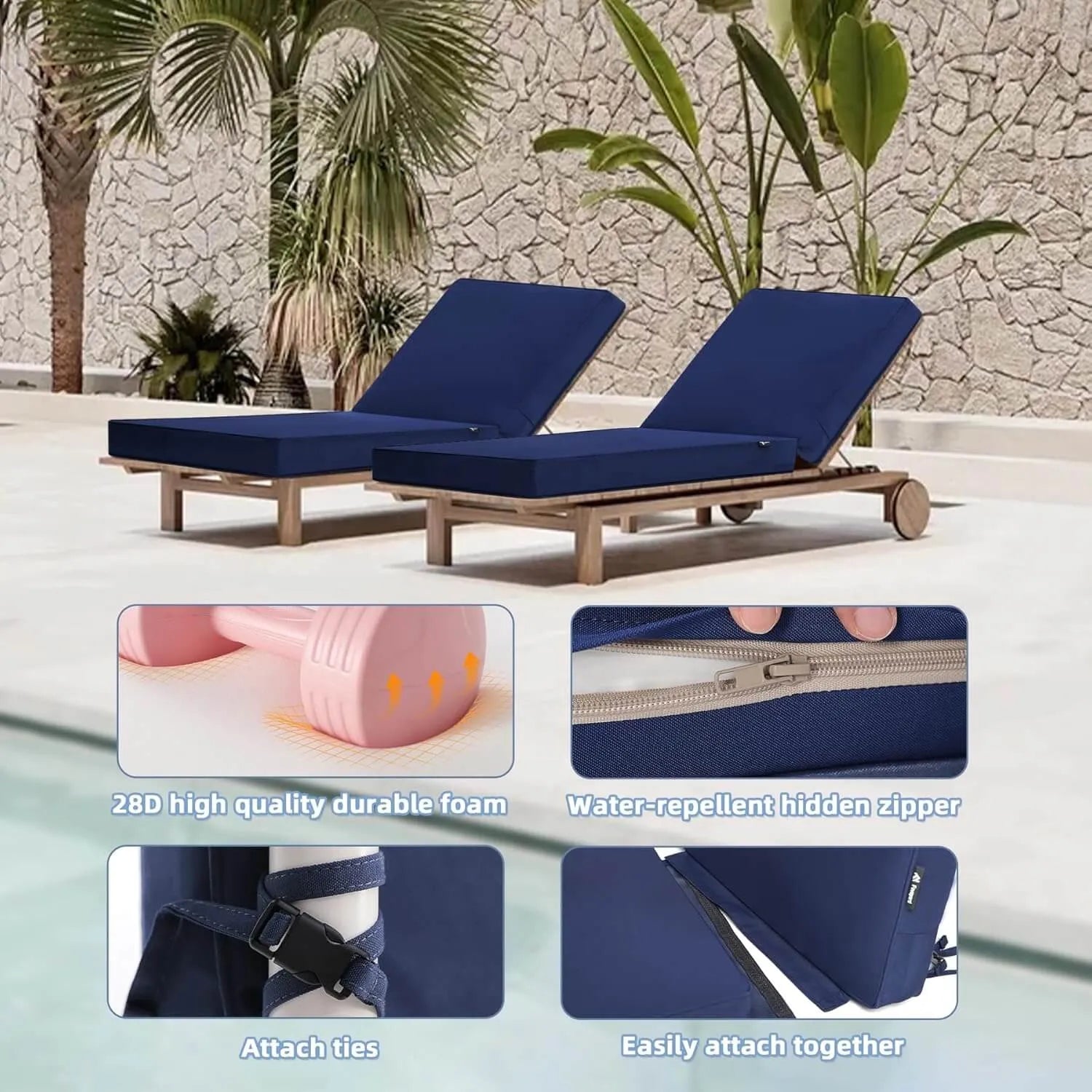 Favoyard lounge chair cushions with the features of 28D high quality durable foam, water-repellent hidden zipper, attach ties and easily attach together