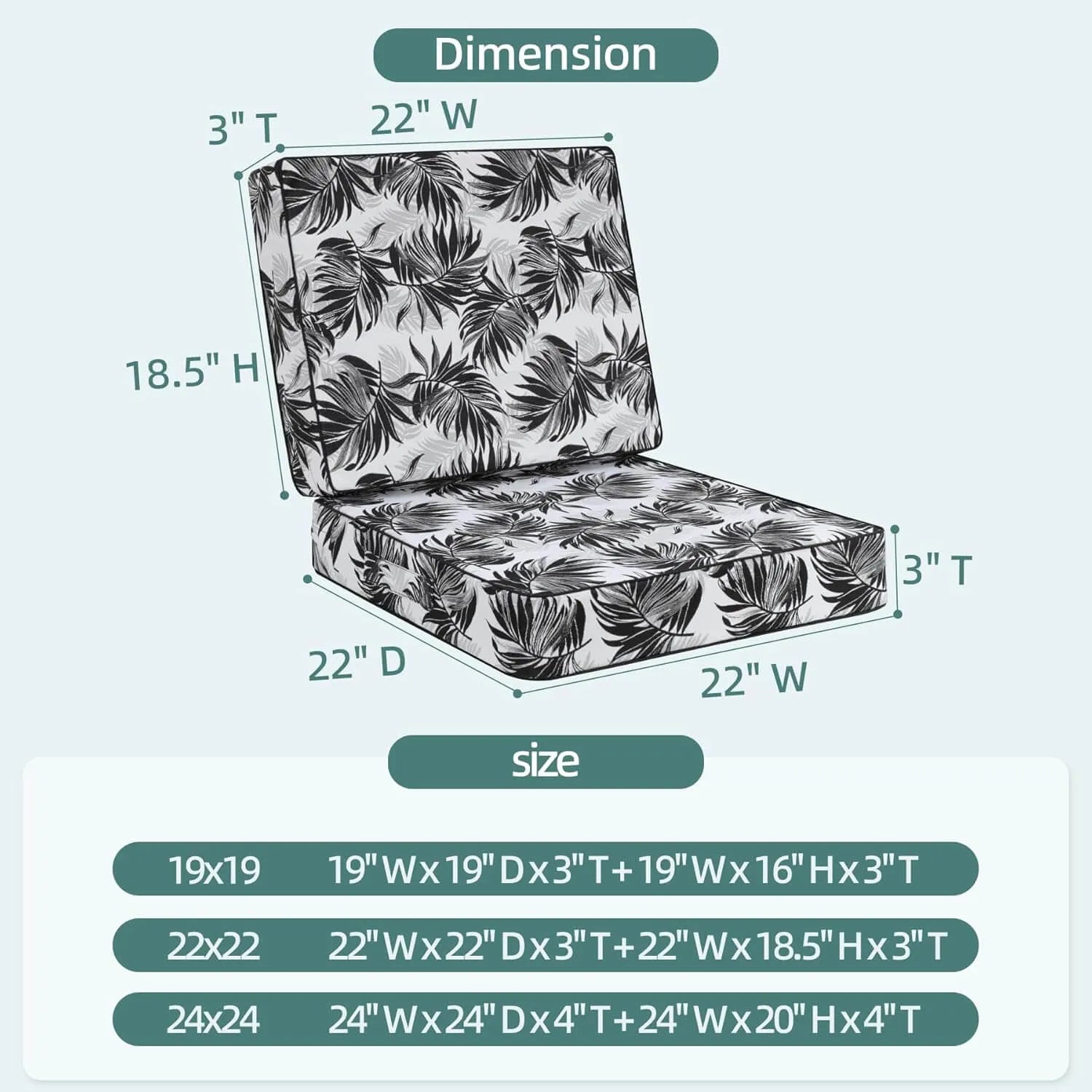 Favoyard Measurement chart of a patterned seat cushion 