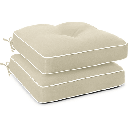 Two beige cushion sets with white piping 